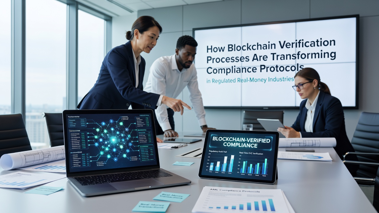 Compliance dashboard displaying blockchain-verified player transactions and regulatory audit logs